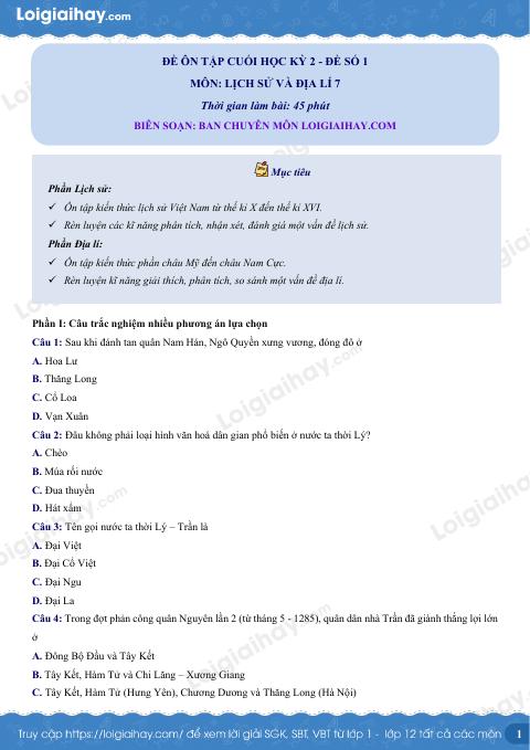 Đề thi học kì 2 Lịch sử và địa lí 7 KNTT - Đề số 1